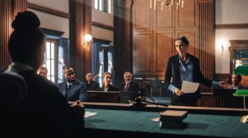 Lawyers presenting a personal injury lawsuit before a judge in a courtroom | Hauptman, O'Brien, Wolf & Lathrop
