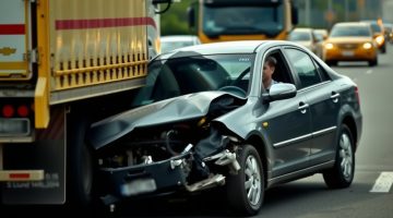 Damaged car after a collision with a truck.