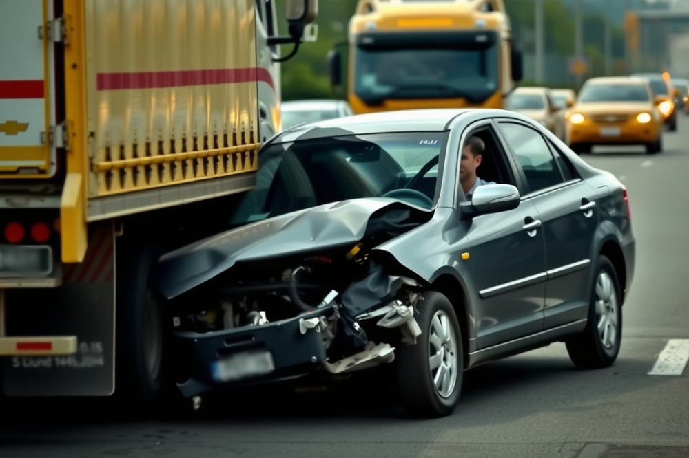 Damaged car after a collision with a truck.