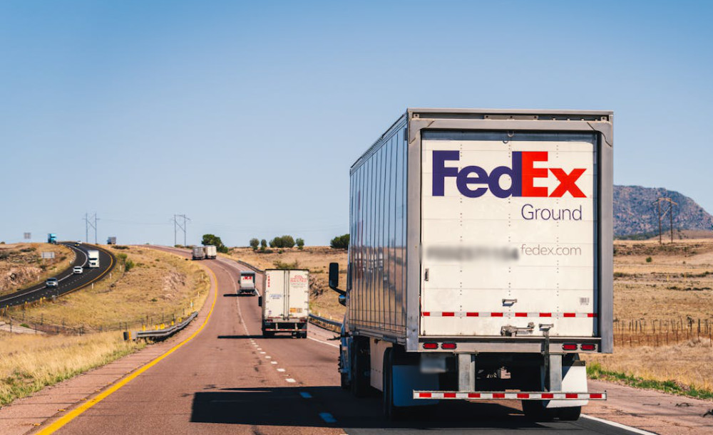 FedEx truck on the road.