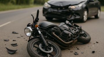 A damaged motorcycle after a collision with another vehicle.