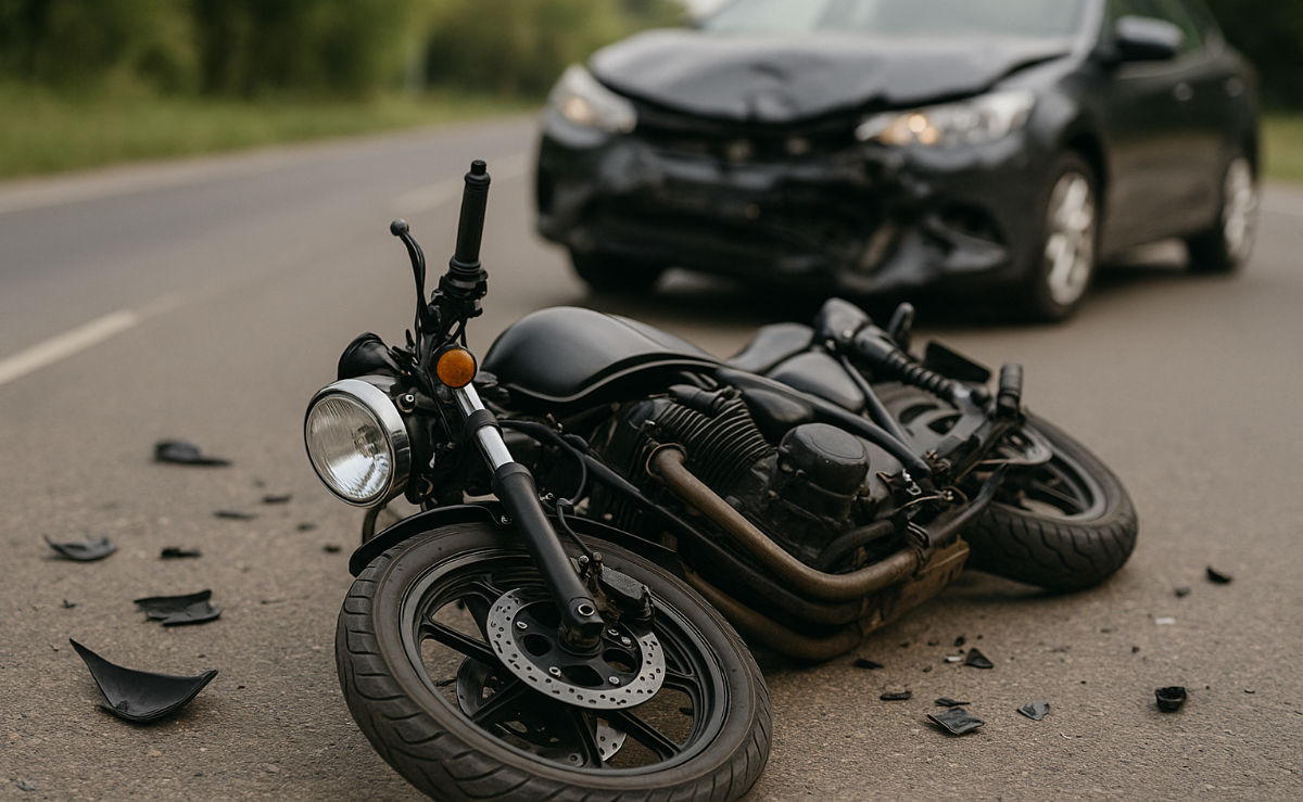 A damaged motorcycle after a collision with another vehicle.