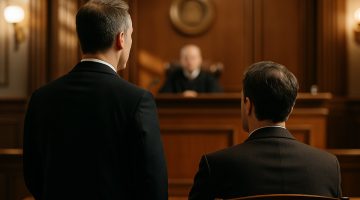 Attorney and client in the courtroom.