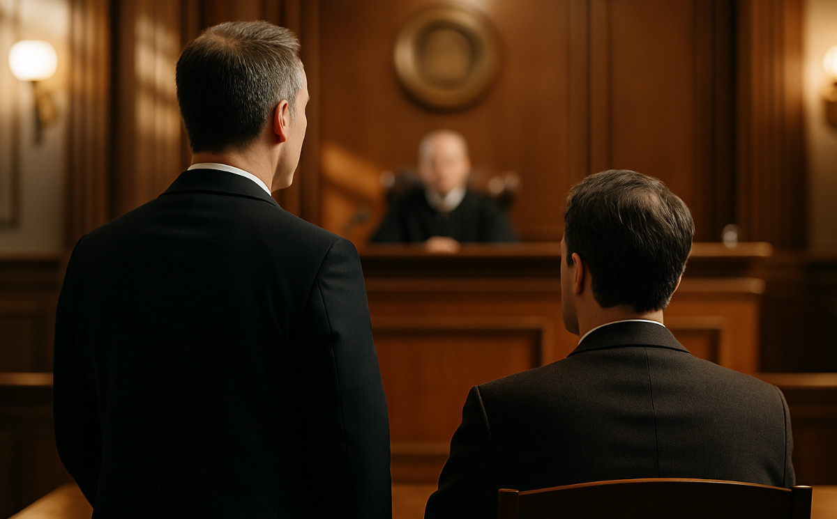 Attorney and client in the courtroom.