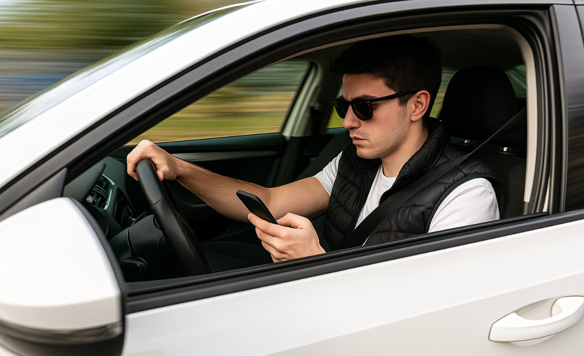 Driver texting on his phone while speeding.