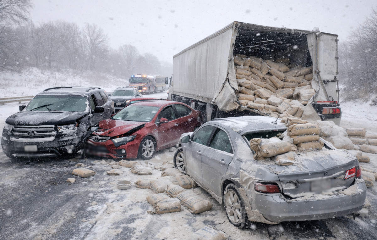 Accident caused by a truck's unsecured cargo.
