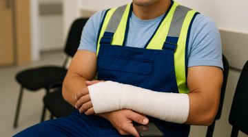 An injured worker with a cast on his forearm.