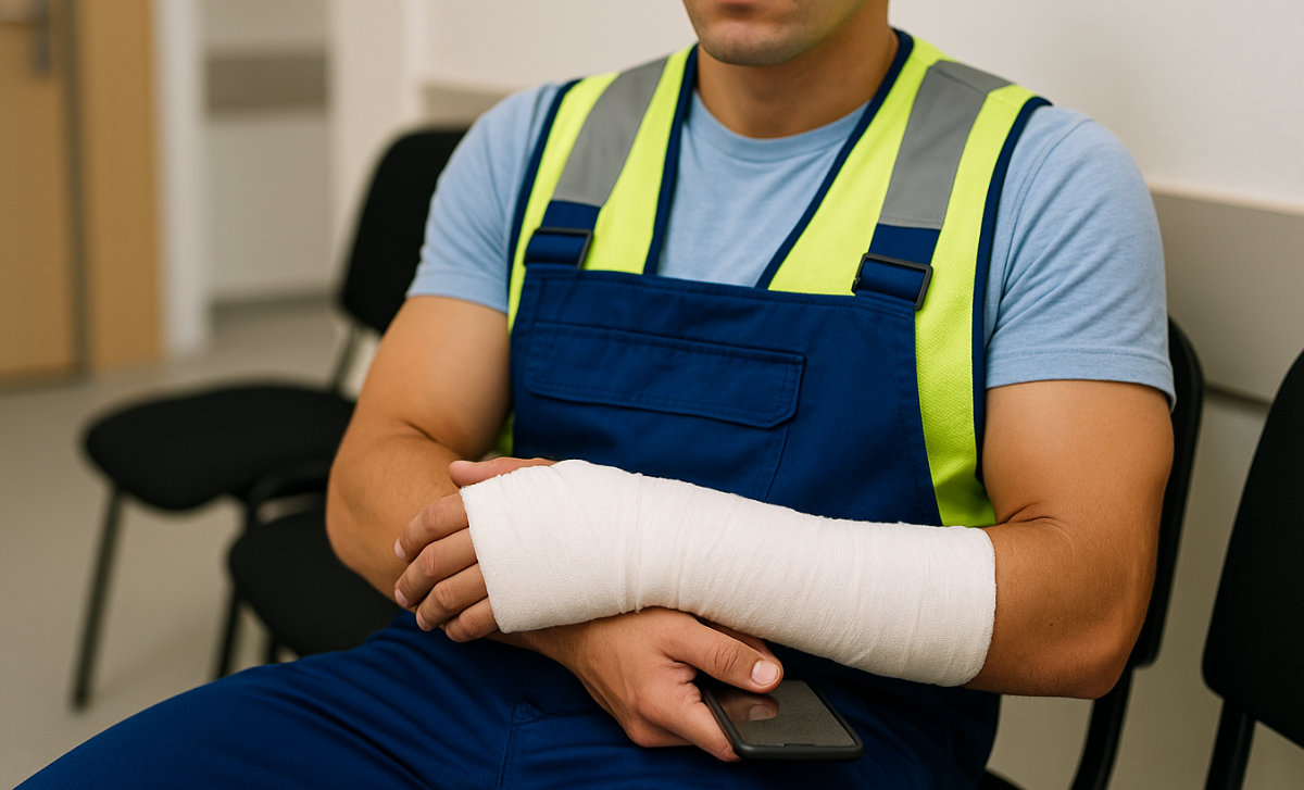 An injured worker with a cast on his forearm.