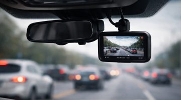 Dash cam in car, recording road and traffic ahead.