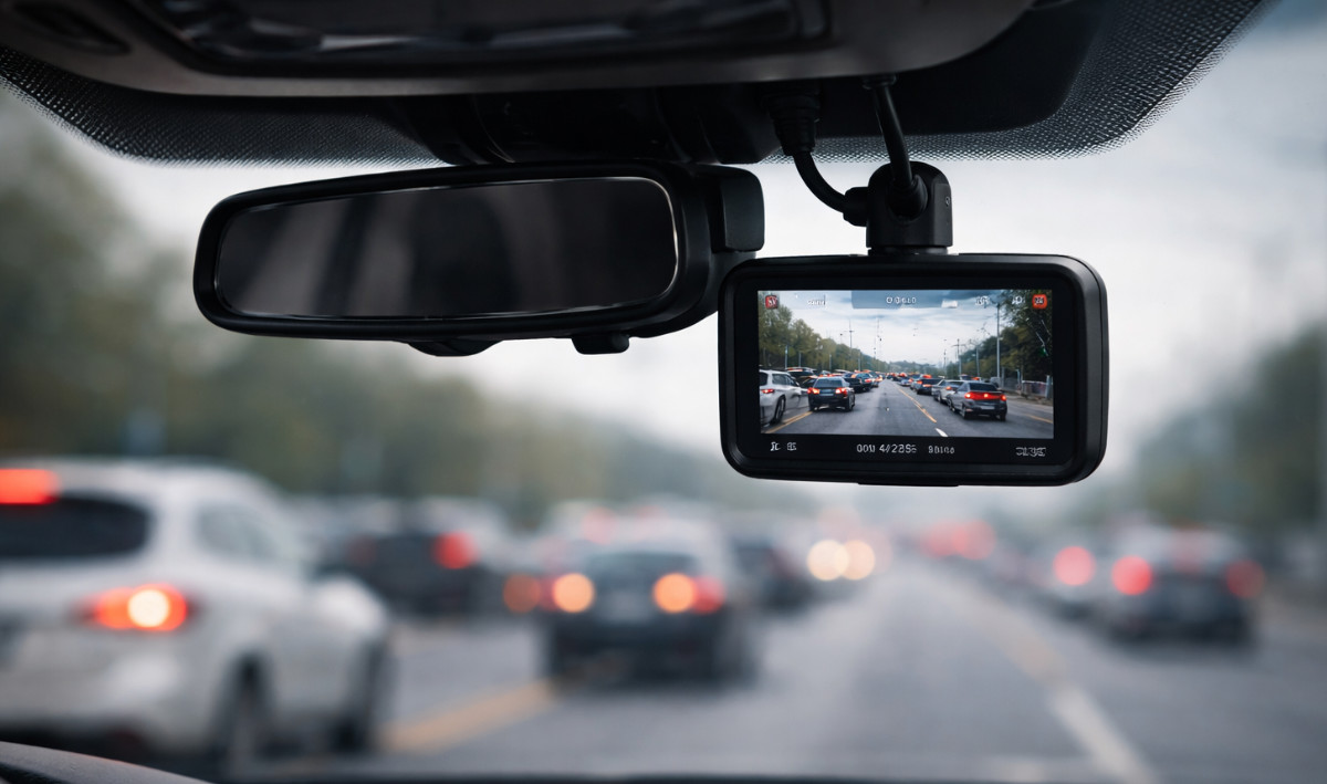 Dash cam in car, recording road and traffic ahead.