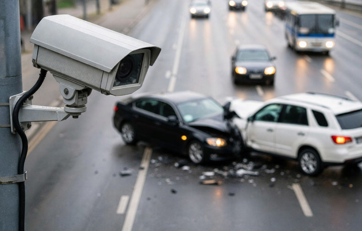 Traffic camera and car crash.