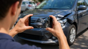 Taking a photo of a damaged car after the crash.