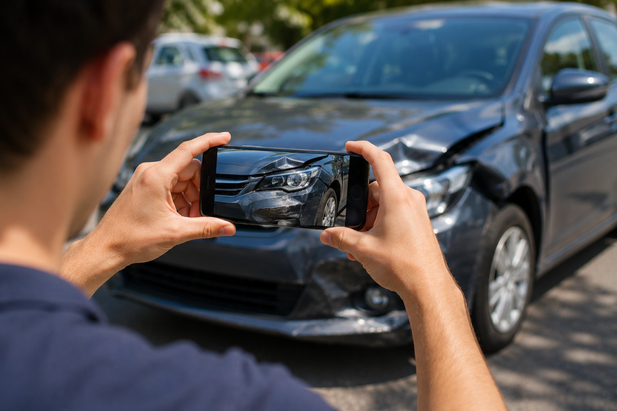 Taking a photo of a damaged car after the crash.